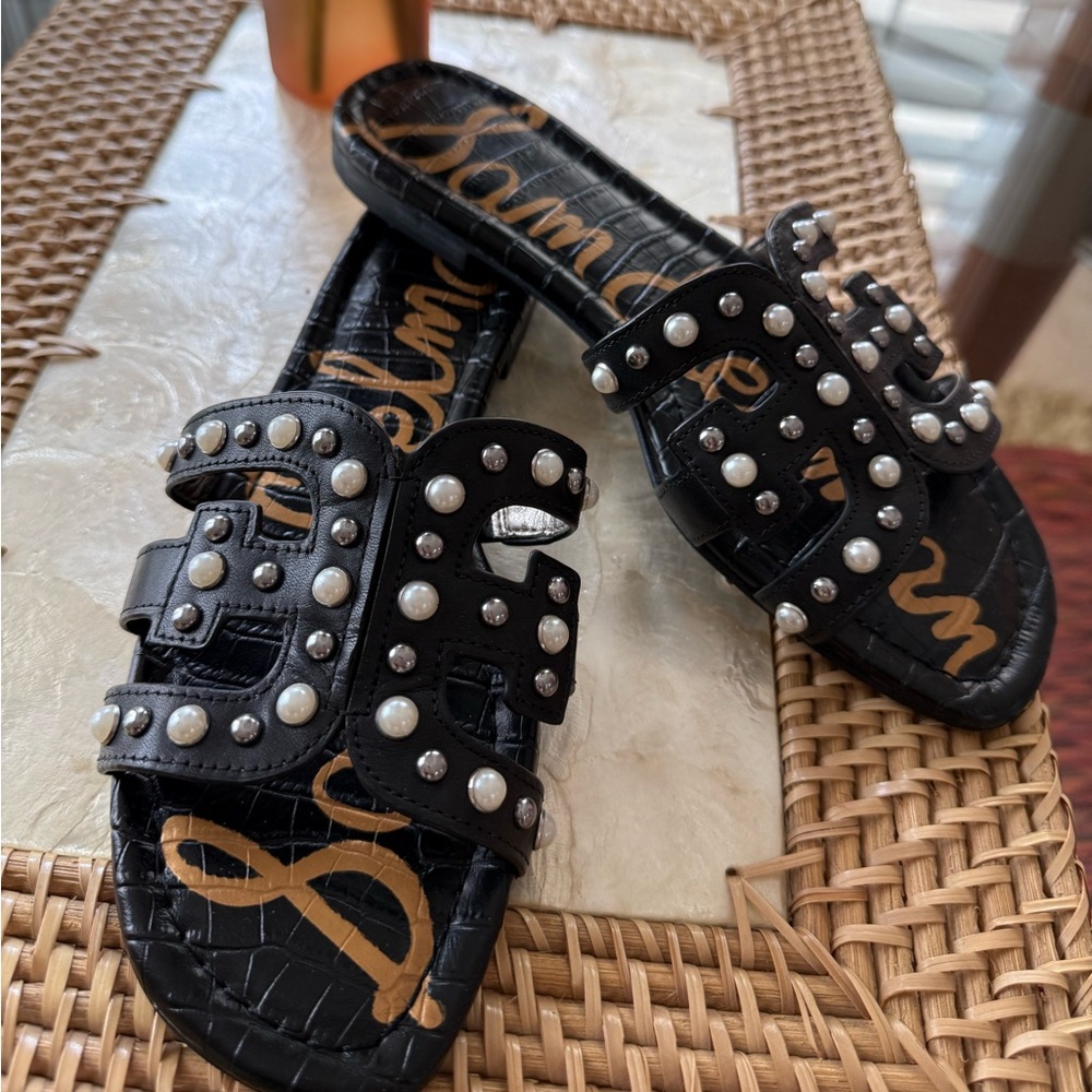 Sam Edelman Black Pearl & Stud Slide Mules